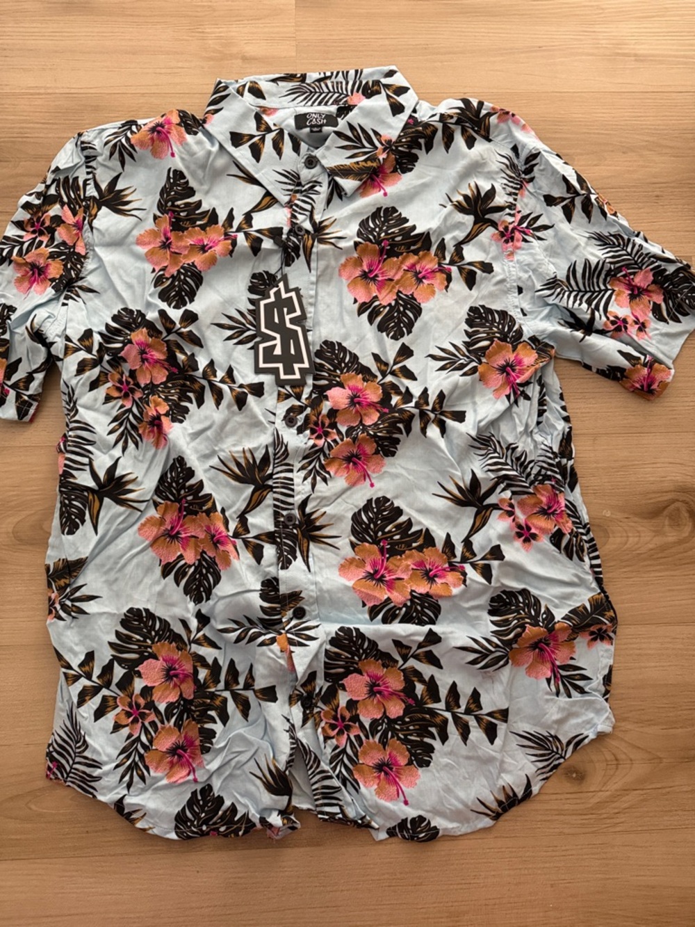 Only Cash Men's Light Blue Hawaiian Shirt with Pink & Brown Floral Print